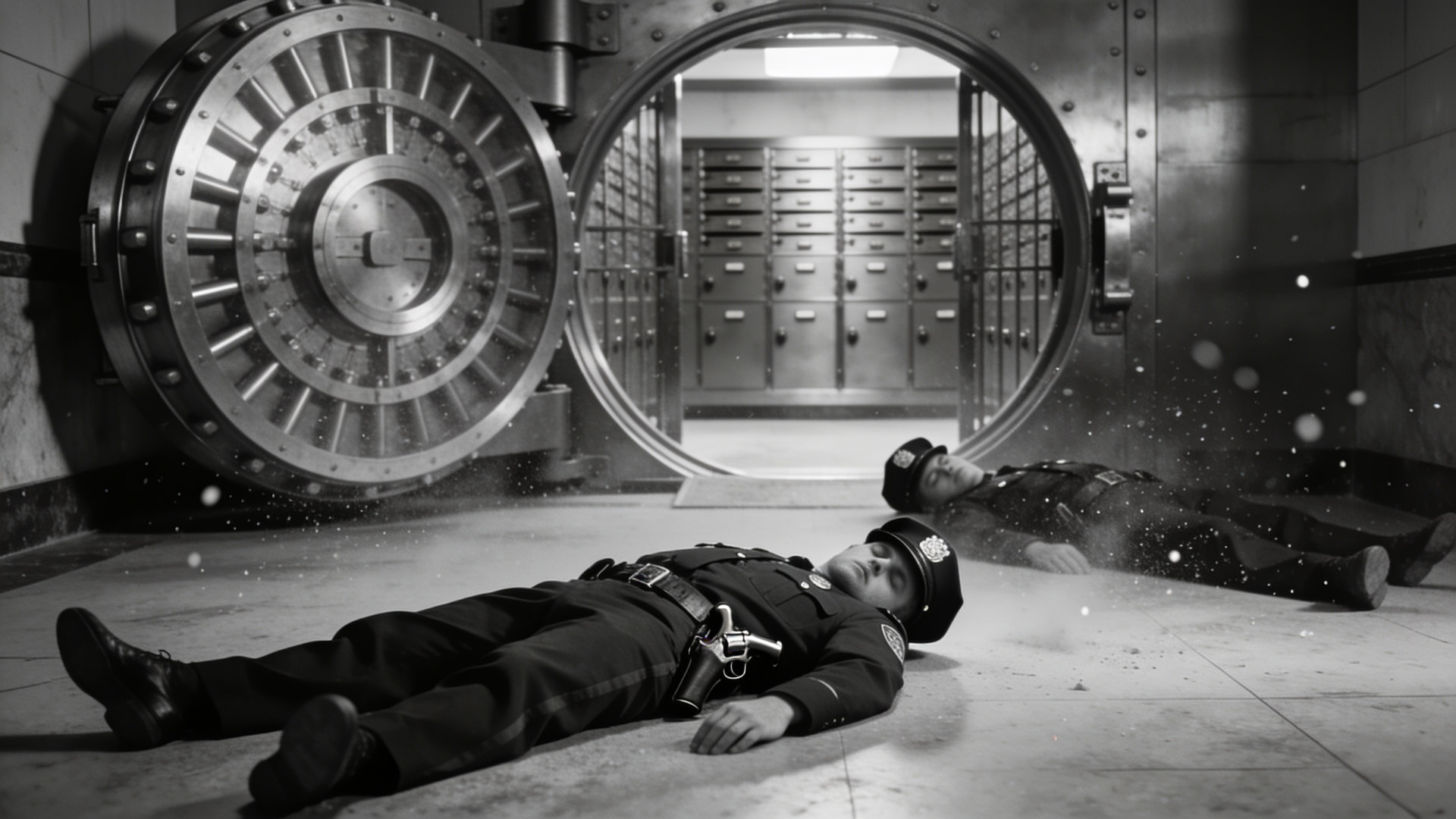 Bank vault doorway with officers, used as the header of the Randy Adams merchandise vault