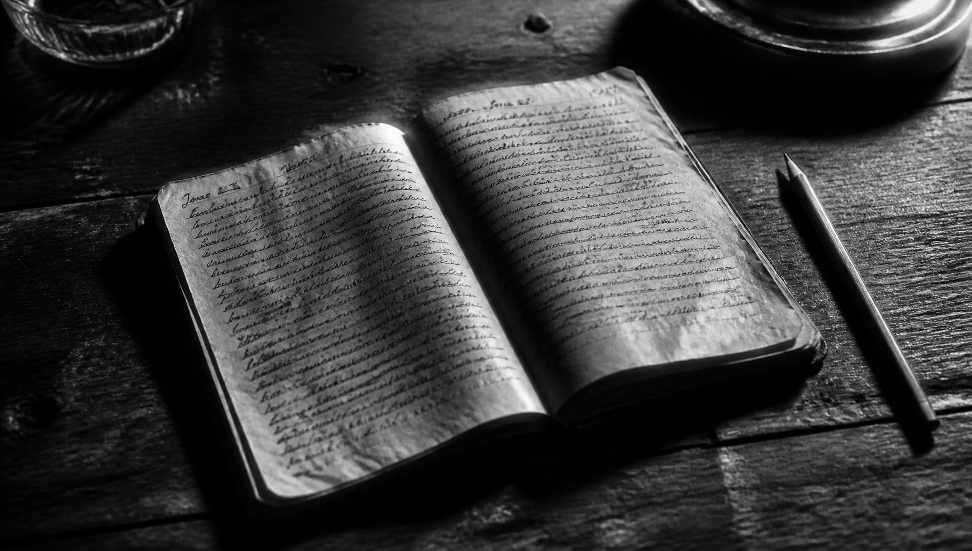 Crumpled diary notebook and pencil on a wooden table, black and white noir evidence