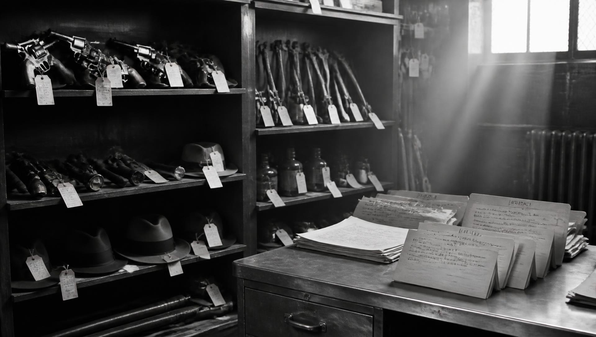 1930s police evidence room with confiscated weapons and tagged artifacts