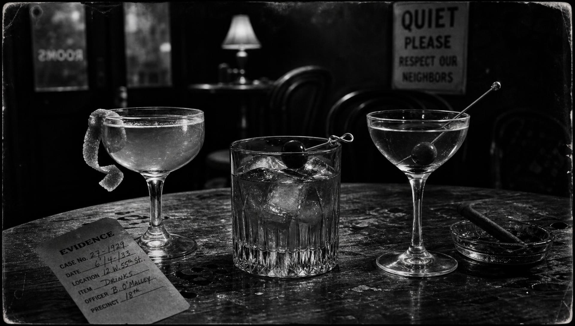 Three confiscated cocktails on a 1930s speakeasy table, noir evidence photograph