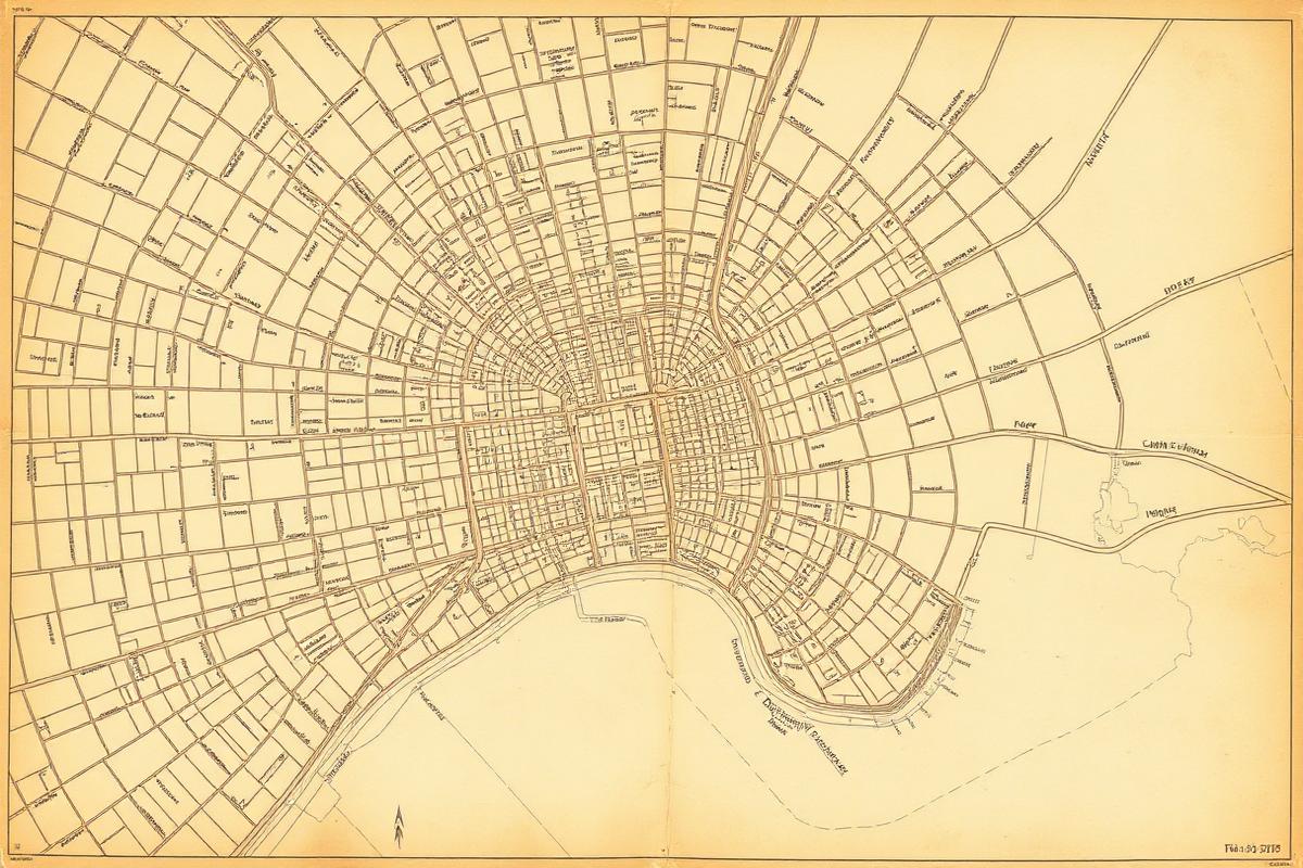 Sepia-toned vintage city map marking the subject's last known location