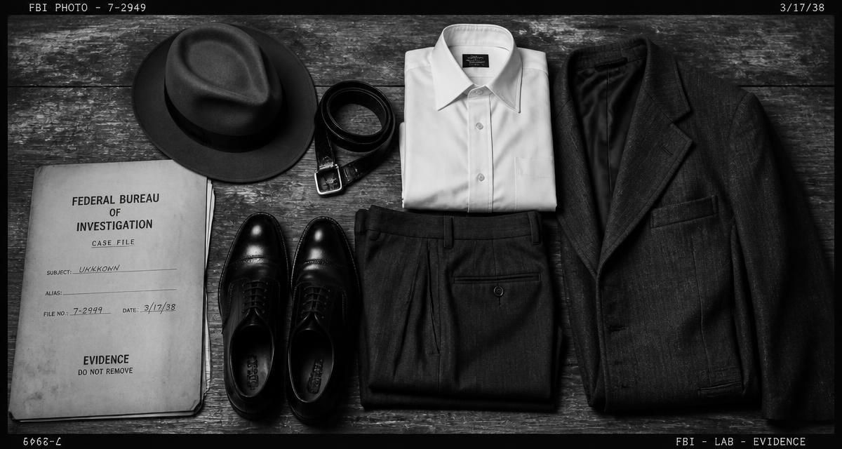 Black and white evidence photograph of a 1930s outfit laid out on a wooden table: fedora hat, belt, shirt, jacket, trousers and shoes