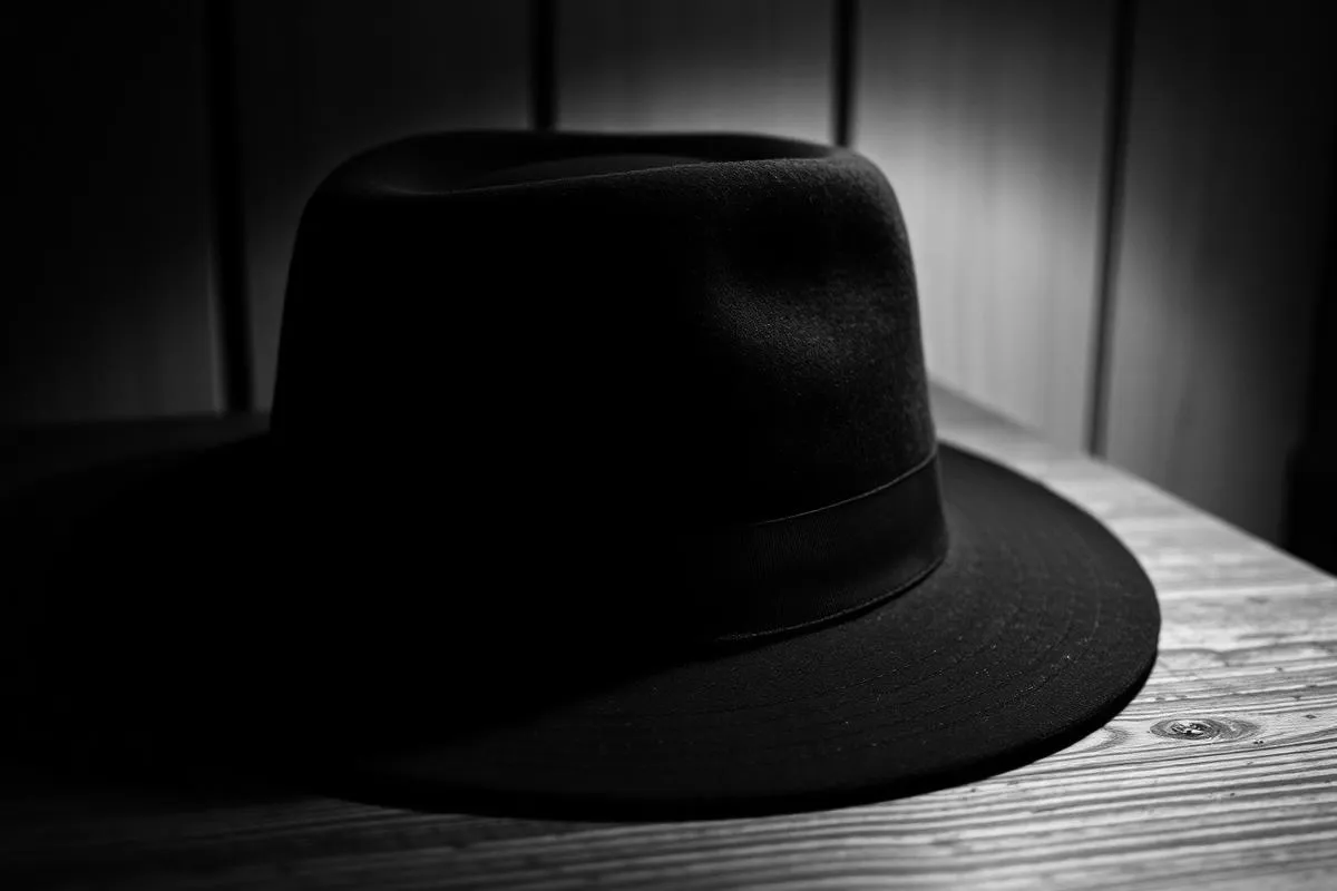 fedora hat — black and white 1930s evidence photograph from the Randy Adams wardrobe file