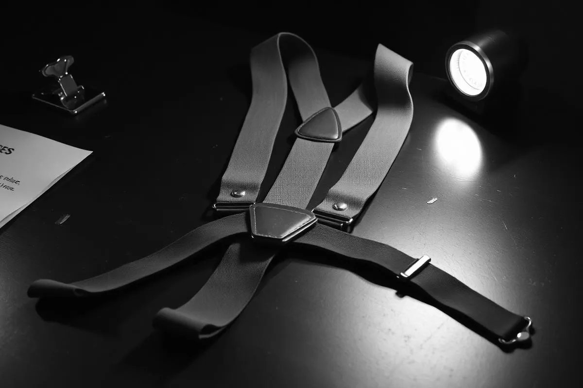 suspenders — black and white 1930s evidence photograph from the Randy Adams wardrobe file