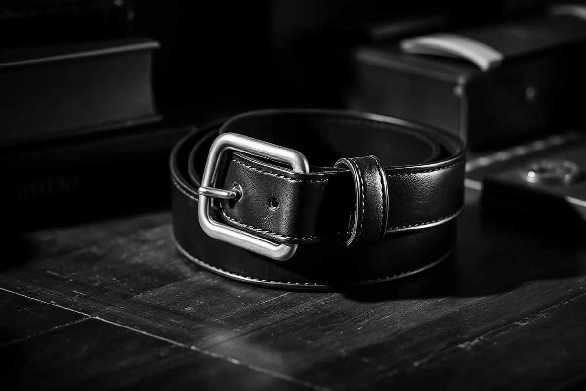 leather belt — black and white 1930s evidence photograph from the Randy Adams wardrobe file